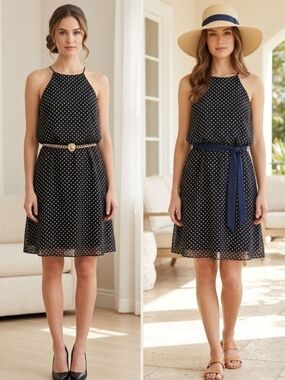 Amber Blue Sleeveless Black Polka Dot Halter Dress. Size M
